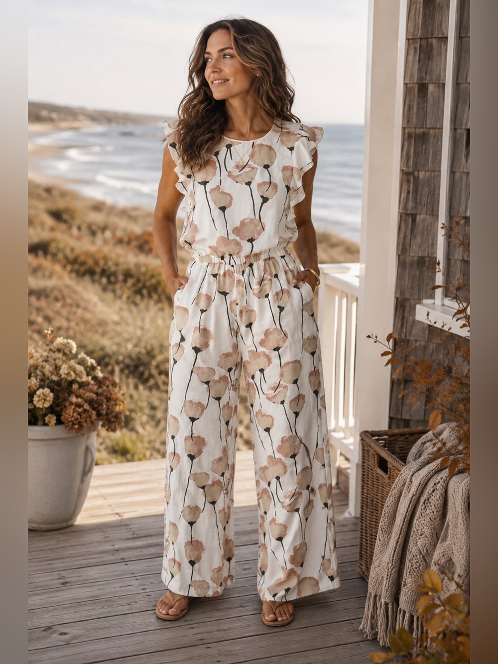 Aritzia Wilfred Fleurette Jumpsuit Wide Leg cream blush poppy print Size M NWT